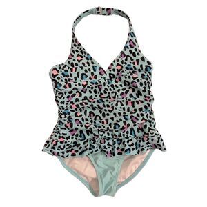 OP Blue Leopard Print Skirted One Piece Swimsuit